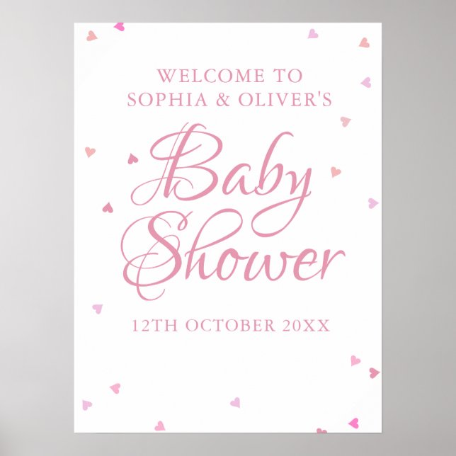 Rosa kärlekshjärta välkomstskylt för baby shower f poster (Framsidan)