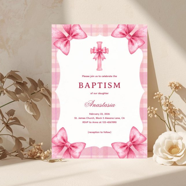 Rosa karorakvattenfärg bågar & Kors flicka dop Inbjudningar (baptism invitation girl, pink baptism invite, coquette baby shower invite, christening invitation gi)