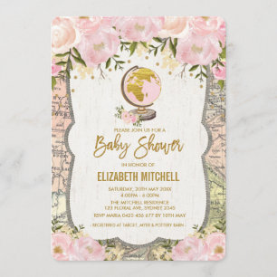 Rosa Karta Baby Shower Inbjudan Travel Äventyr