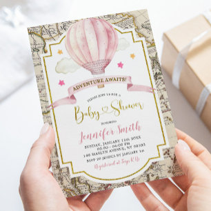 Rosa Karta Luftballong Äventyr Baby Shower Inbjudningar