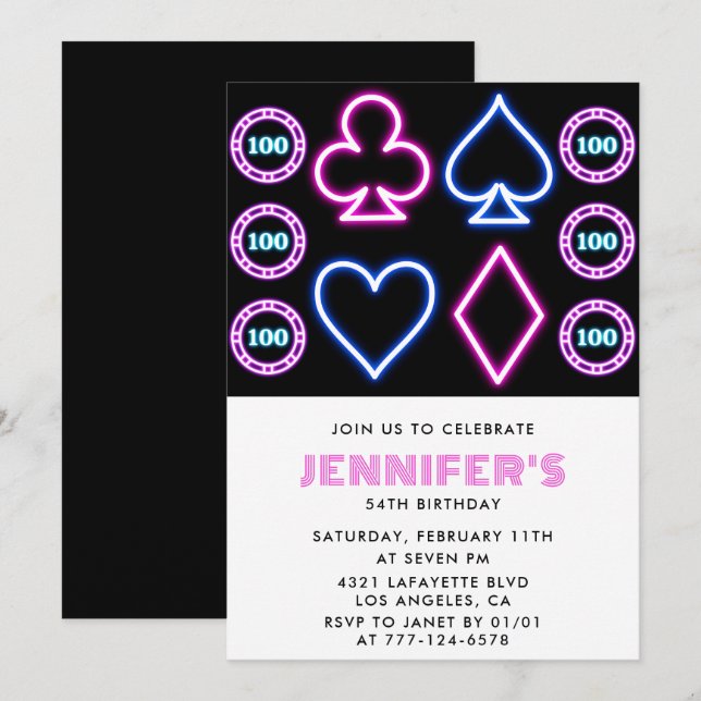 Rosa kasinotema Spelande Poker 54-årsdag  Inbjudningar (Fram/baksida)