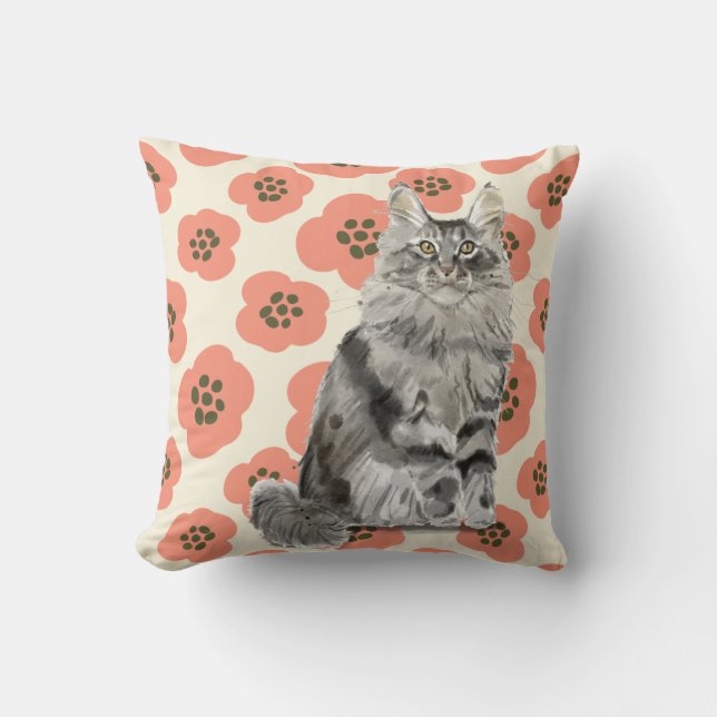 Rosa katt för blommigtgråttMaine Coon Kudde (Framsida)