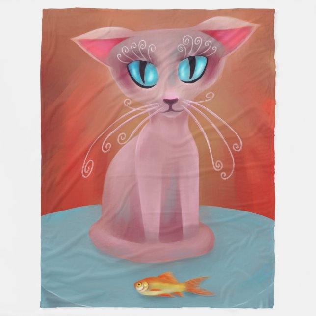 Rosa katt Guld fisk Blå bordsduk Målning Fleecefilt (Framsidan)