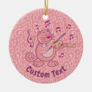 Rosa Katt med Violin Ceramic Ornament