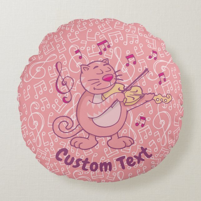 Rosa Katt med Violin Round Pillow Rund Kudde (Framsidan)