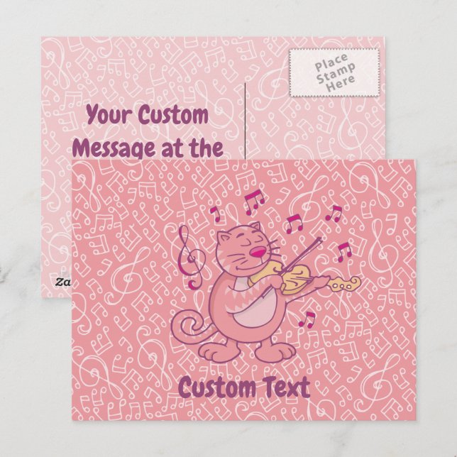 Rosa katt med violin vykort (Fram/baksida)