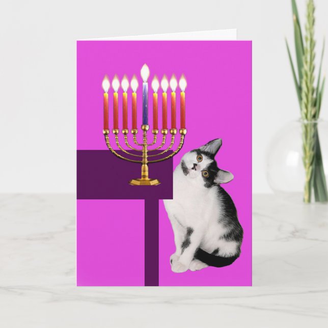 Rosa katt- och menoraHanukkah kort (Framsida)