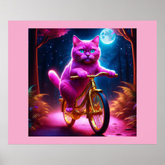 Rosa Katt på en gyllene cykellscena Väg Poster