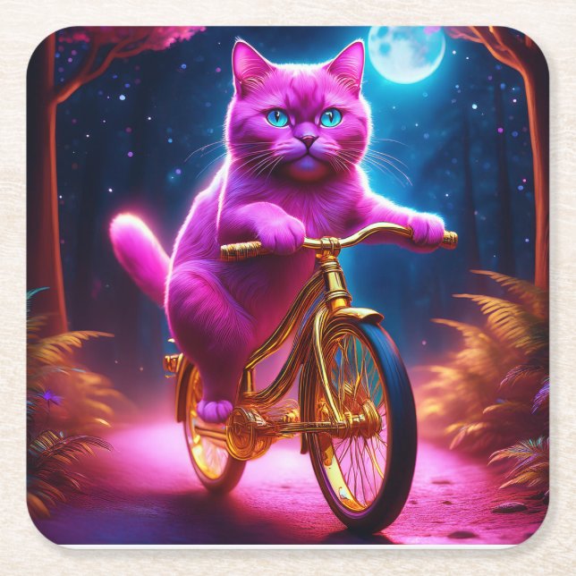 Rosa Katt på en gyllene cykellscena Väg Underlägg Papper Kvadrat (Framsidan)