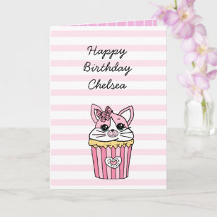 Rosa kattunge Cupcake Flickornas födelsedag Kort