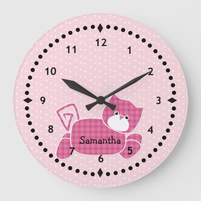 Rosa Kattunge Nursery Wall Clock Stor Klocka (Framsida)