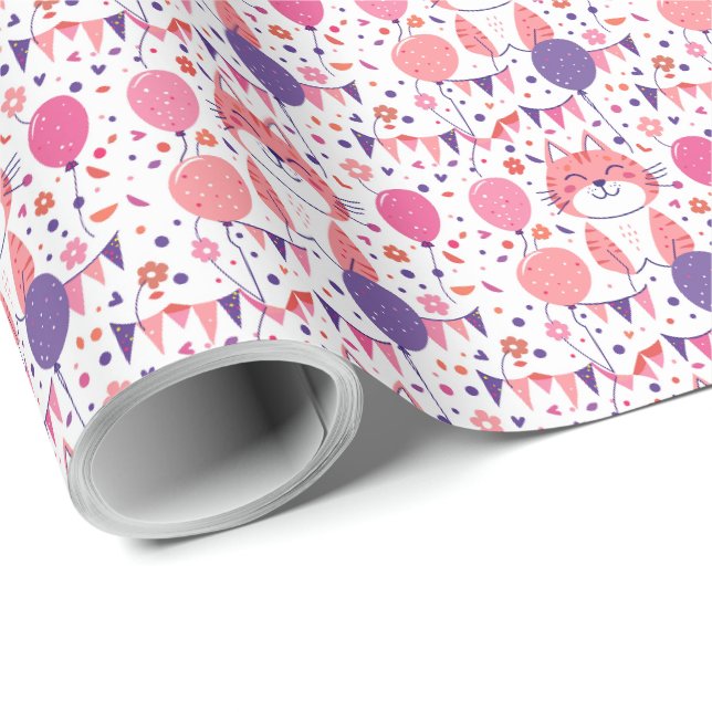 Rosa kattunge och ballonger födelsedagspresentpapp presentpapper (Rullad Hörn)