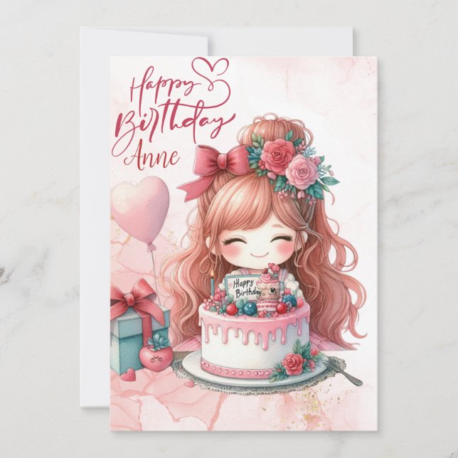 Rosa Kawaii Girl Grattis på födelsedagen Greeting  Julkort (Framsida)