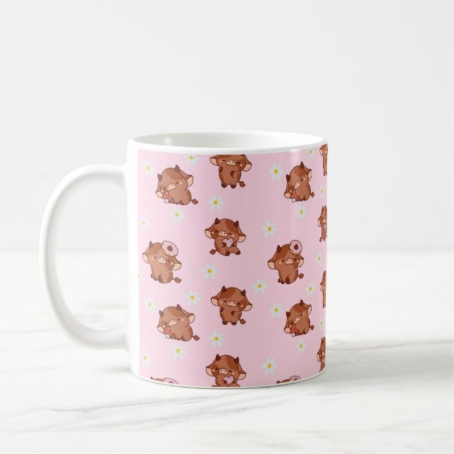 Rosa Kawaii Highland Kor Seamless Mönster Kaffemugg (Vänster)