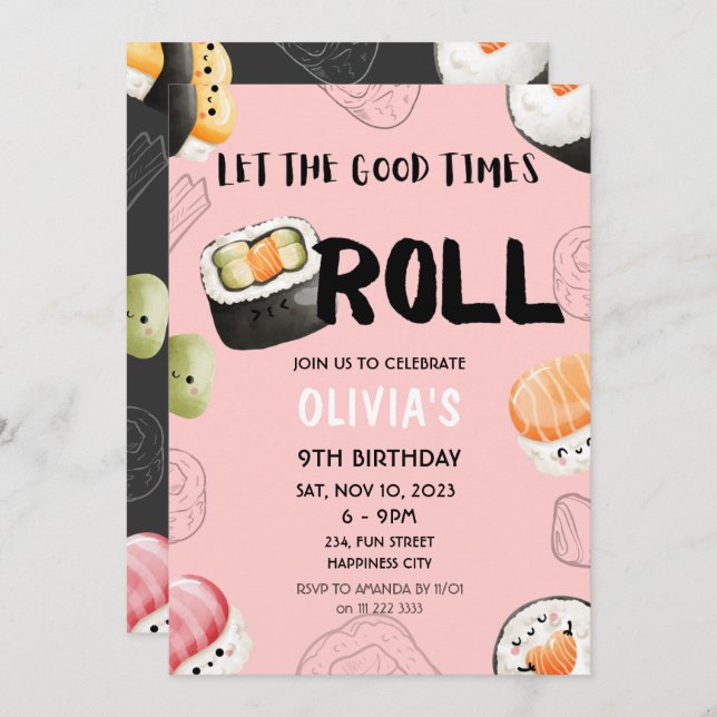 Rosa Kawaii Sushi Sashimi Kids Girl Vuxen Birthday Inbjudningar (Fram/baksida)