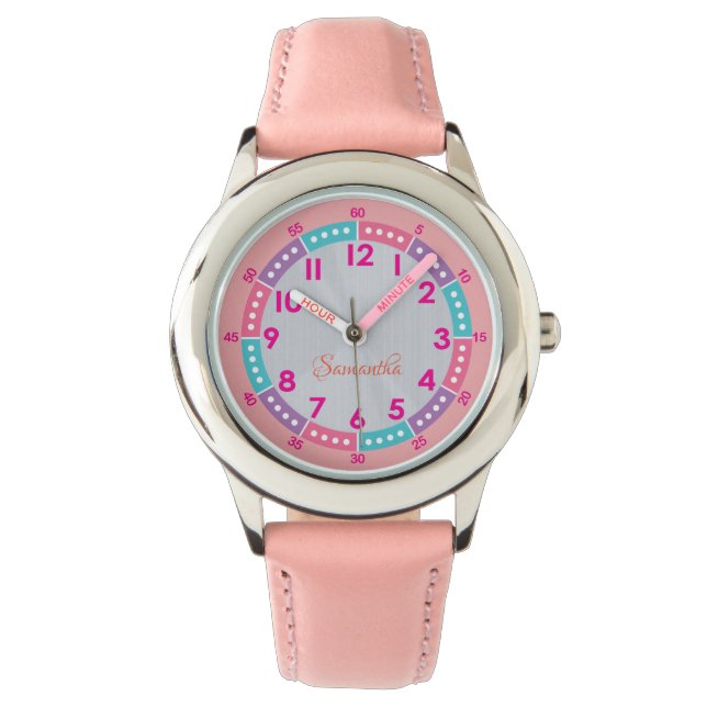 Rosa Kids Learning Watch med Namn & Time Guide Armbandsur (Framsida)