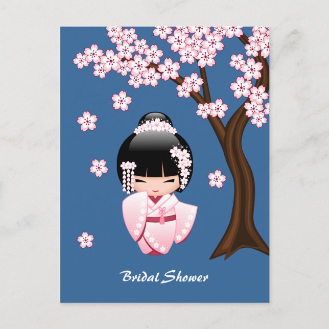Rosa Kimono Kawaii Kokeshi Docka Blå Inbjudan Vykort (Framsida)