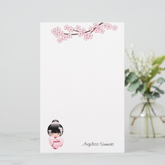 Rosa Kimono Kawaii Kokeshi Docka Brevpapper (Stående Fram)
