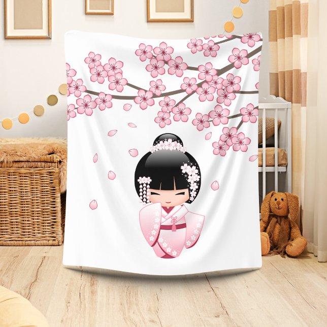 Rosa Kimono Kawaii Kokeshi Docka Fleecefilt (Skapare uppladdad)