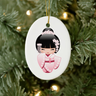 Rosa Kimono Kawaii Kokeshi Docka Julgransprydnad Keramik