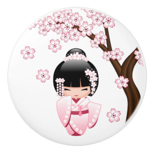 Rosa Kimono Kawaii Kokeshi Docka Knopp