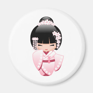 Rosa Kimono Kawaii Kokeshi Docka Magnet