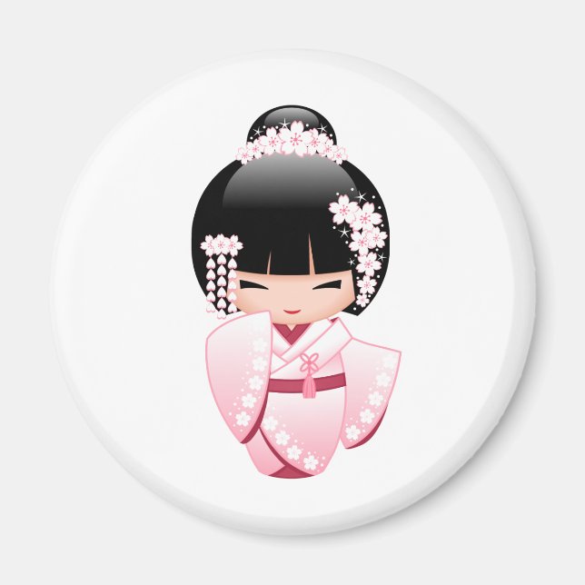 Rosa Kimono Kawaii Kokeshi Docka Magnet (Framsidan)
