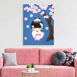 Rosa kimono Kawaii Kokeshi-docka på blå bakgrund Canvastryck