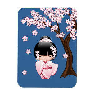 Rosa Kimono Kawaii Kokeshi-docka på blå bakgrund Magnet
