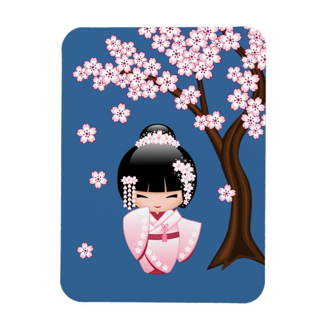Rosa Kimono Kawaii Kokeshi-docka på blå bakgrund Magnet (Vertikal)
