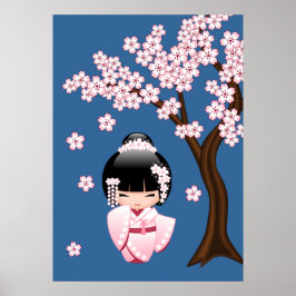 Rosa kimono Kawaii Kokeshi-docka på blå bakgrund Poster