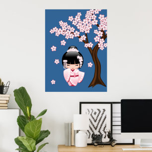 Rosa kimono Kawaii Kokeshi-docka på blå bakgrund Poster