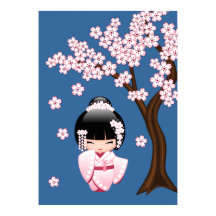 Rosa kimono Kawaii Kokeshi-docka på blå bakgrund