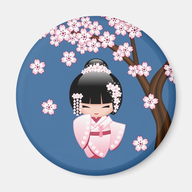 Rosa Kimono Kawaii Kokeshi Docka på Blå Rund Form Magnet (Framsidan)