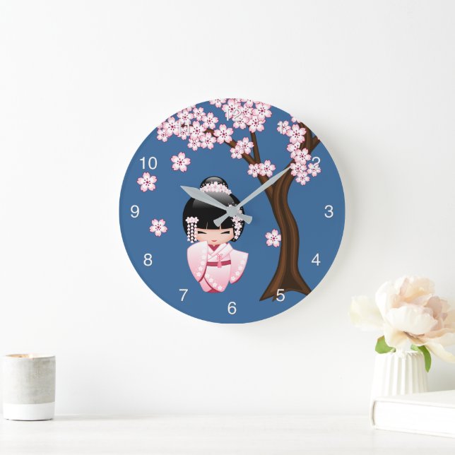 Rosa Kimono Kawaii Kokeshi Docka på Blå Stor Klocka (Hem)