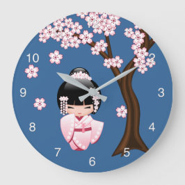 Rosa Kimono Kawaii Kokeshi Docka på Blå Stor Klocka