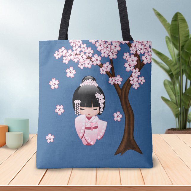 Rosa Kimono Kawaii Kokeshi-docka på Blå Tygkasse (Skapare uppladdad)