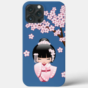 Rosa Kimono Kawaii Kokeshi Docka på Blått