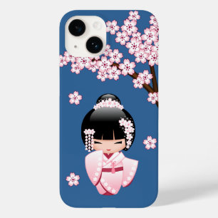 Rosa Kimono Kawaii Kokeshi Docka på Blått
