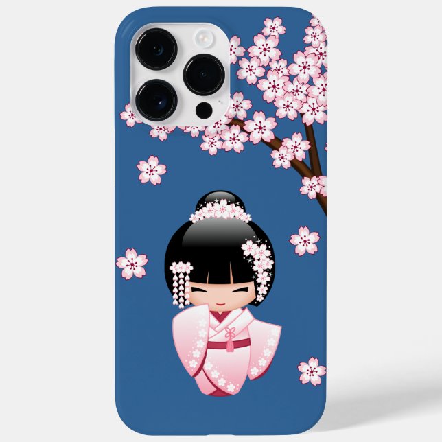 Rosa Kimono Kawaii Kokeshi Docka på Blått (Baksida)