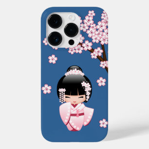 Rosa Kimono Kawaii Kokeshi Docka på Blått