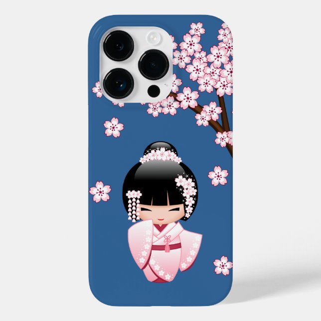 Rosa Kimono Kawaii Kokeshi Docka på Blått (Baksida)