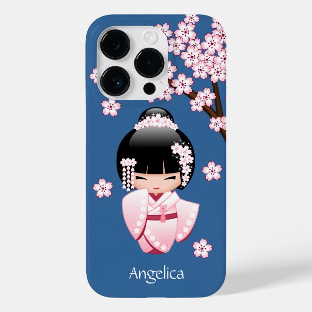Rosa Kimono Kawaii Kokeshi Docka på Blått (Baksida)