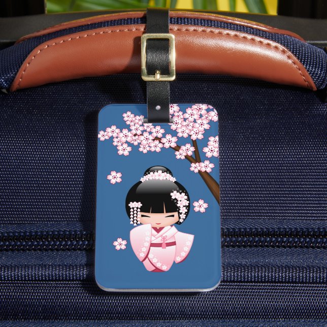 Rosa Kimono Kawaii Kokeshi Docka på Blått Bagagebricka (Framsida Insitu 2)