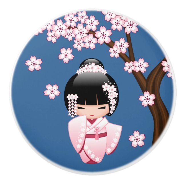 Rosa Kimono Kawaii Kokeshi-docka på Blått Knopp (Framsidan)