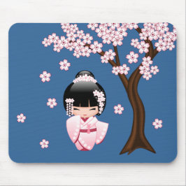 Rosa Kimono Kawaii Kokeshi Docka på Blått Musmatta