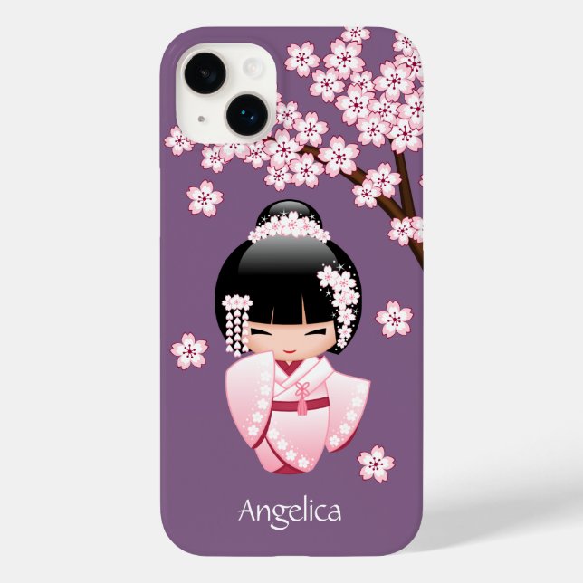 Rosa Kimono Kawaii Kokeshi Docka på Lila (Baksida)