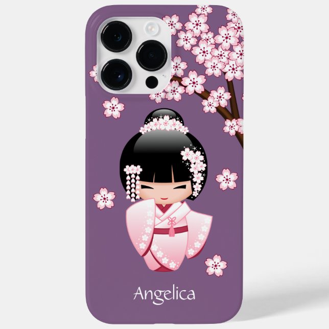 Rosa Kimono Kawaii Kokeshi Docka på Lila (Baksida)