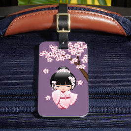 Rosa Kimono Kawaii Kokeshi Docka på Lila Bagagebricka