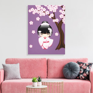 Rosa Kimono Kawaii Kokeshi Docka på Lila Canvastryck